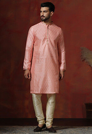 Foil Printed Dupion Silk Kurta Set in Peach