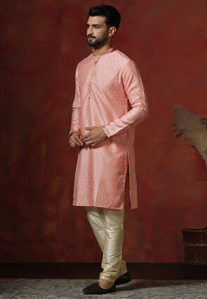 Foil Printed Dupion Silk Kurta Set in Peach