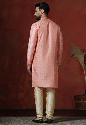 Foil Printed Dupion Silk Kurta Set in Peach