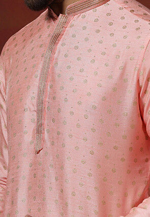 Foil Printed Dupion Silk Kurta Set in Peach