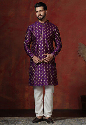 Foil Printed Dupion Silk Kurta Set in Purple