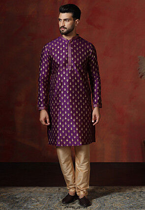 Foil Printed Dupion Silk Kurta Set in Purple