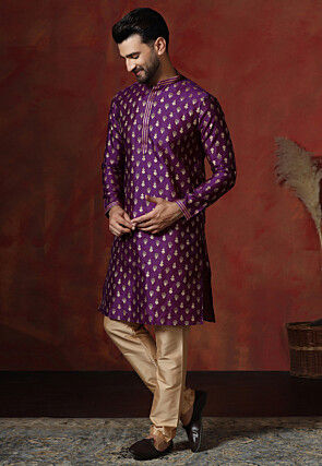 Foil Printed Dupion Silk Kurta Set in Purple