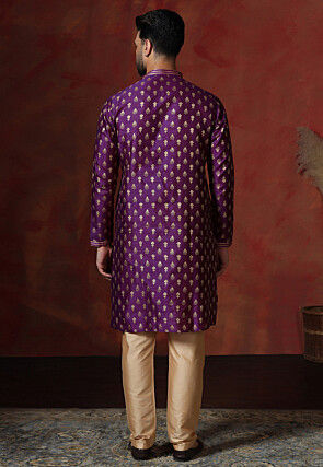 Foil Printed Dupion Silk Kurta Set in Purple