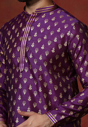 Foil Printed Dupion Silk Kurta Set in Purple