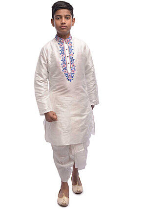 Foil Printed Dupion Silk Kurta Set in White