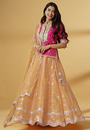 Foil Printed Dupion Silk Lehenga in Beige