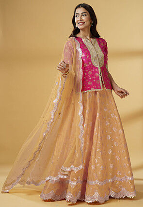 Foil Printed Dupion Silk Lehenga in Beige