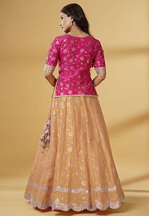 Foil Printed Dupion Silk Lehenga in Beige