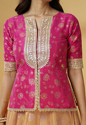 Foil Printed Dupion Silk Lehenga in Beige