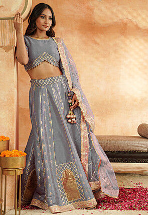 Foil Printed Dupion Silk Lehenga in Grey