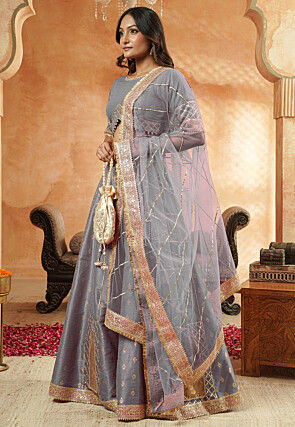 Foil Printed Dupion Silk Lehenga in Grey