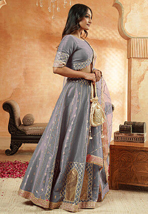 Foil Printed Dupion Silk Lehenga in Grey