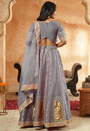 Foil Printed Dupion Silk Lehenga in Grey