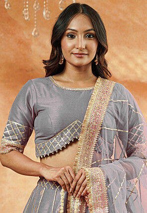 Foil Printed Dupion Silk Lehenga in Grey