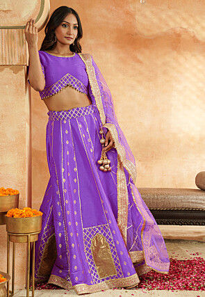 Foil Printed Dupion Silk Lehenga in Lavender