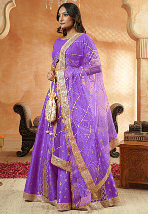 Foil Printed Dupion Silk Lehenga in Lavender