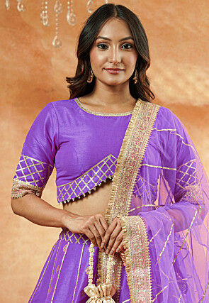 Foil Printed Dupion Silk Lehenga in Lavender