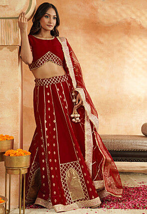 Foil Printed Dupion Silk Lehenga in Maroon