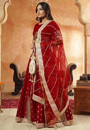 Foil Printed Dupion Silk Lehenga in Maroon