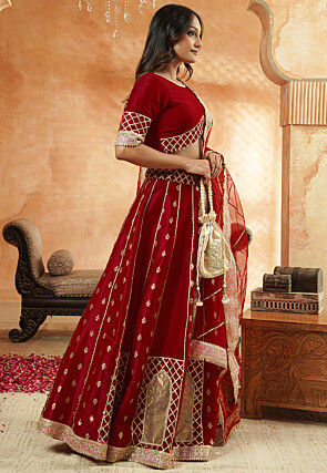 Foil Printed Dupion Silk Lehenga in Maroon