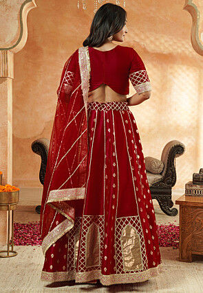 Foil Printed Dupion Silk Lehenga in Maroon
