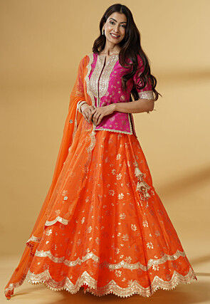 Foil Printed Dupion Silk Lehenga in Orange