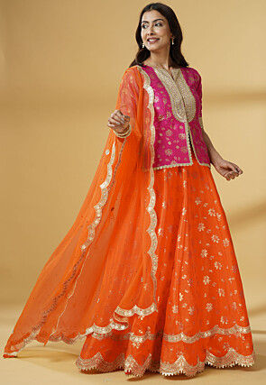 Foil Printed Dupion Silk Lehenga in Orange