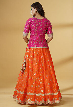 Foil Printed Dupion Silk Lehenga in Orange