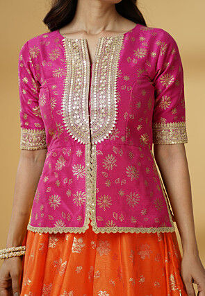 Foil Printed Dupion Silk Lehenga in Orange
