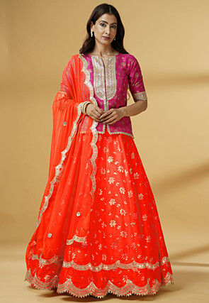 Foil Printed Dupion Silk Lehenga in Orange