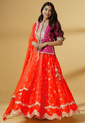 Foil Printed Dupion Silk Lehenga in Orange