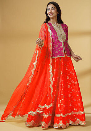Foil Printed Dupion Silk Lehenga in Orange