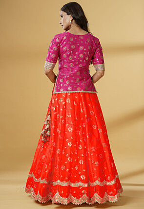Foil Printed Dupion Silk Lehenga in Orange