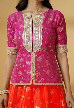 Foil Printed Dupion Silk Lehenga in Orange