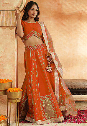 Foil Printed Dupion Silk Lehenga in Orange