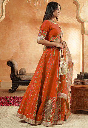 Foil Printed Dupion Silk Lehenga in Orange