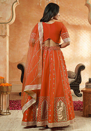 Foil Printed Dupion Silk Lehenga in Orange