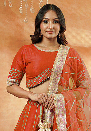 Foil Printed Dupion Silk Lehenga in Orange