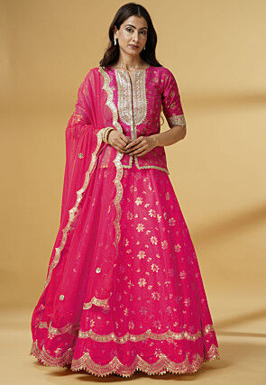 Foil Printed Dupion Silk Lehenga in Pink