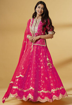 Foil Printed Dupion Silk Lehenga in Pink