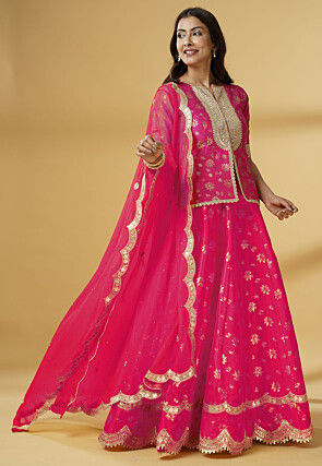 Foil Printed Dupion Silk Lehenga in Pink