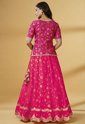 Foil Printed Dupion Silk Lehenga in Pink