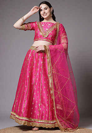Foil Printed Dupion Lehenga in Pink