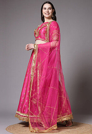 Foil Printed Dupion Lehenga in Pink