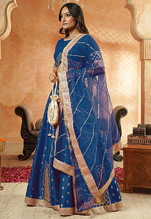 Foil Printed Dupion Silk Lehenga in Teal Blue