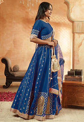 Foil Printed Dupion Silk Lehenga in Teal Blue