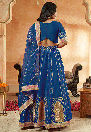 Foil Printed Dupion Silk Lehenga in Teal Blue