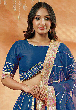 Foil Printed Dupion Silk Lehenga in Teal Blue