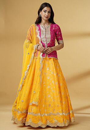 Foil Printed Dupion Silk Lehenga in Yellow